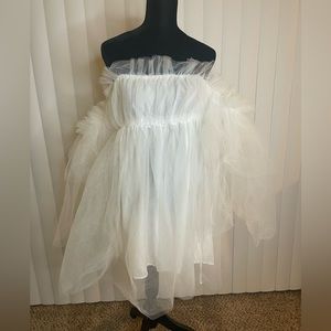 Romantic Off Shoulder Flounce Long Sleeve Wedding Ruffle Mesh Party Mini Dress